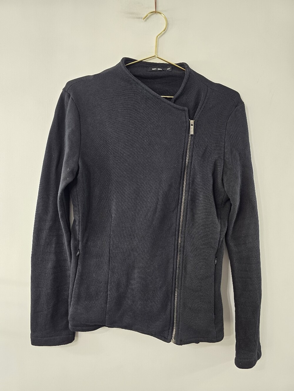 Saint + Sofia Organic Cotton Asymmetric Zip Knit Moto Biker Jacket Size 6 Black - Picture 6 of 16